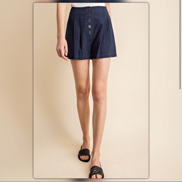 Navy Blue High Waisted Linen Shorts - Picture 2 of 5